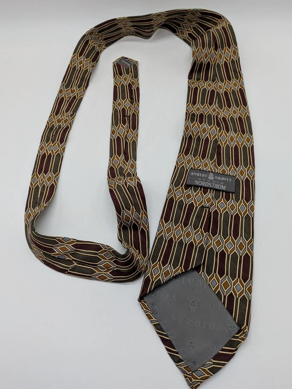 Vintage Robert Talbott Nordstrom Brown Green Maroon Geometric Art Deco Silk Tie
